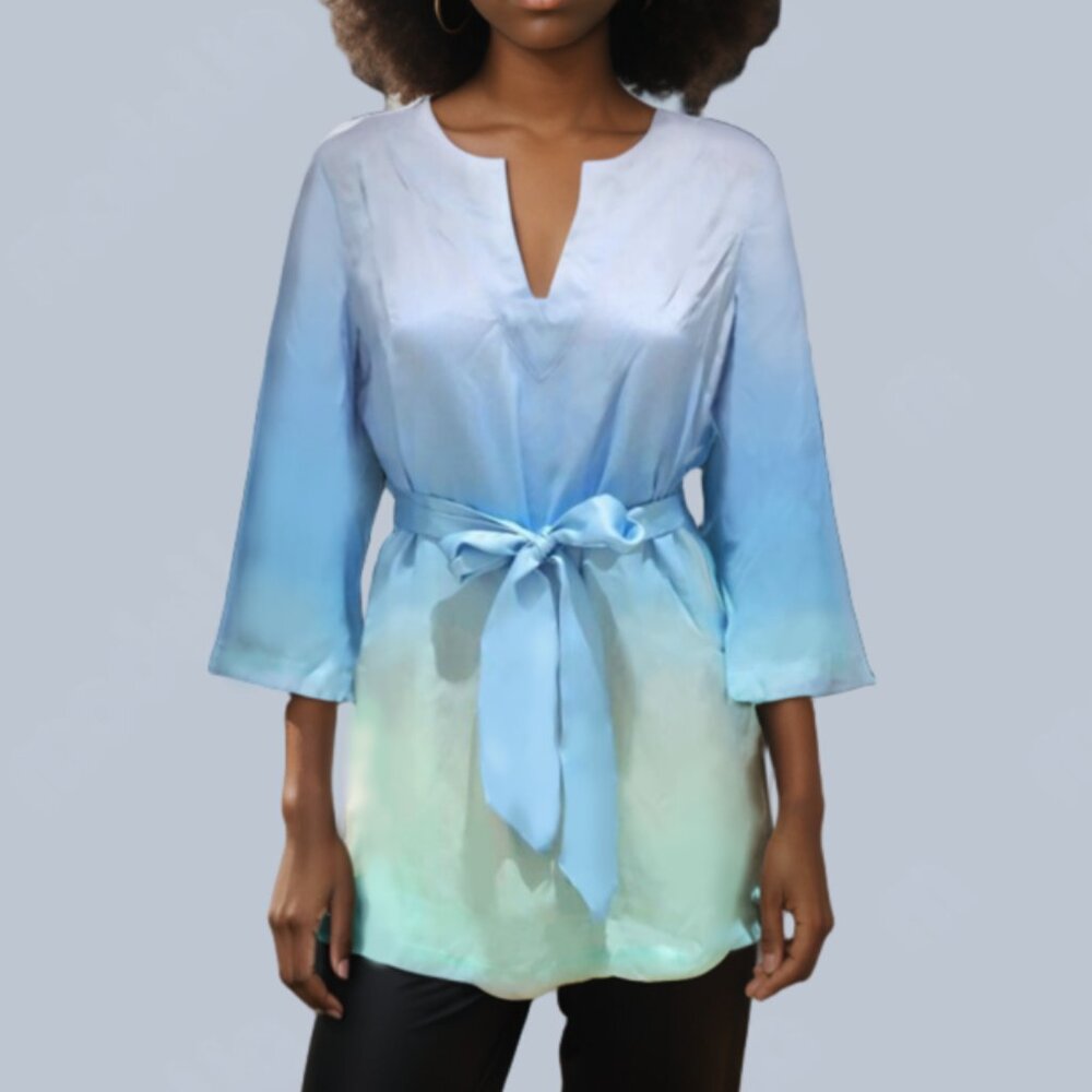 NEW Badgley Mischka Women Mulberry Silk Aqua Washable Ombre Tunic Pull Over Tie